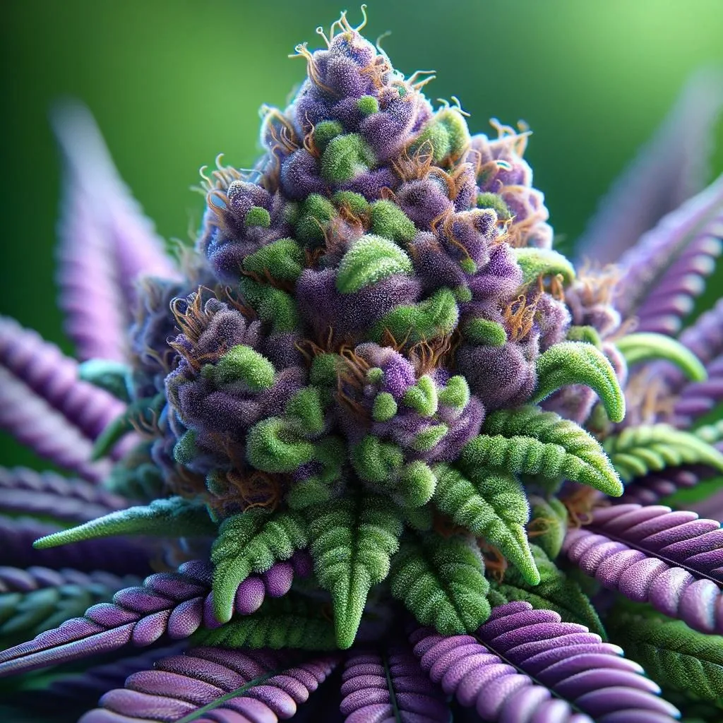 Close-up of a vibrant cannabis flower featuring a mix of purple and green hues, showcasing dense trichomes and unique leaf patterns, set against a blurred green background. Ideal for discussions on cannabis cultivation and strain characteristics.