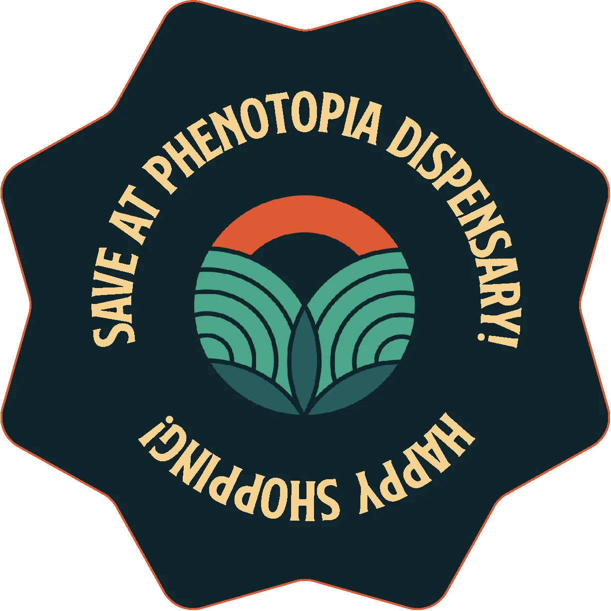Promotional sticker for Phenotopia Dispensary featuring the text "Save at Phenotopia Dispensary! Happy Shopping!" with a colorful logo design.