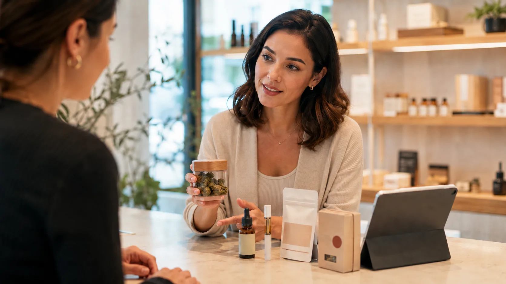 Budtender showing cannabis flower to a customer inside a dispensary