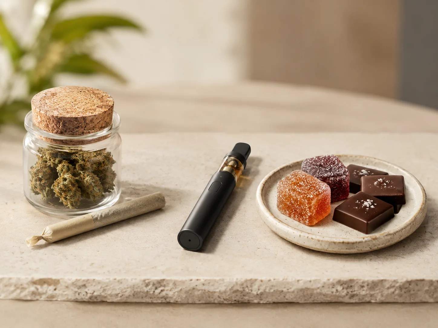 Cannabis flower, pre-roll, vape pen, gummies, and chocolates arranged for a consumption method comparison