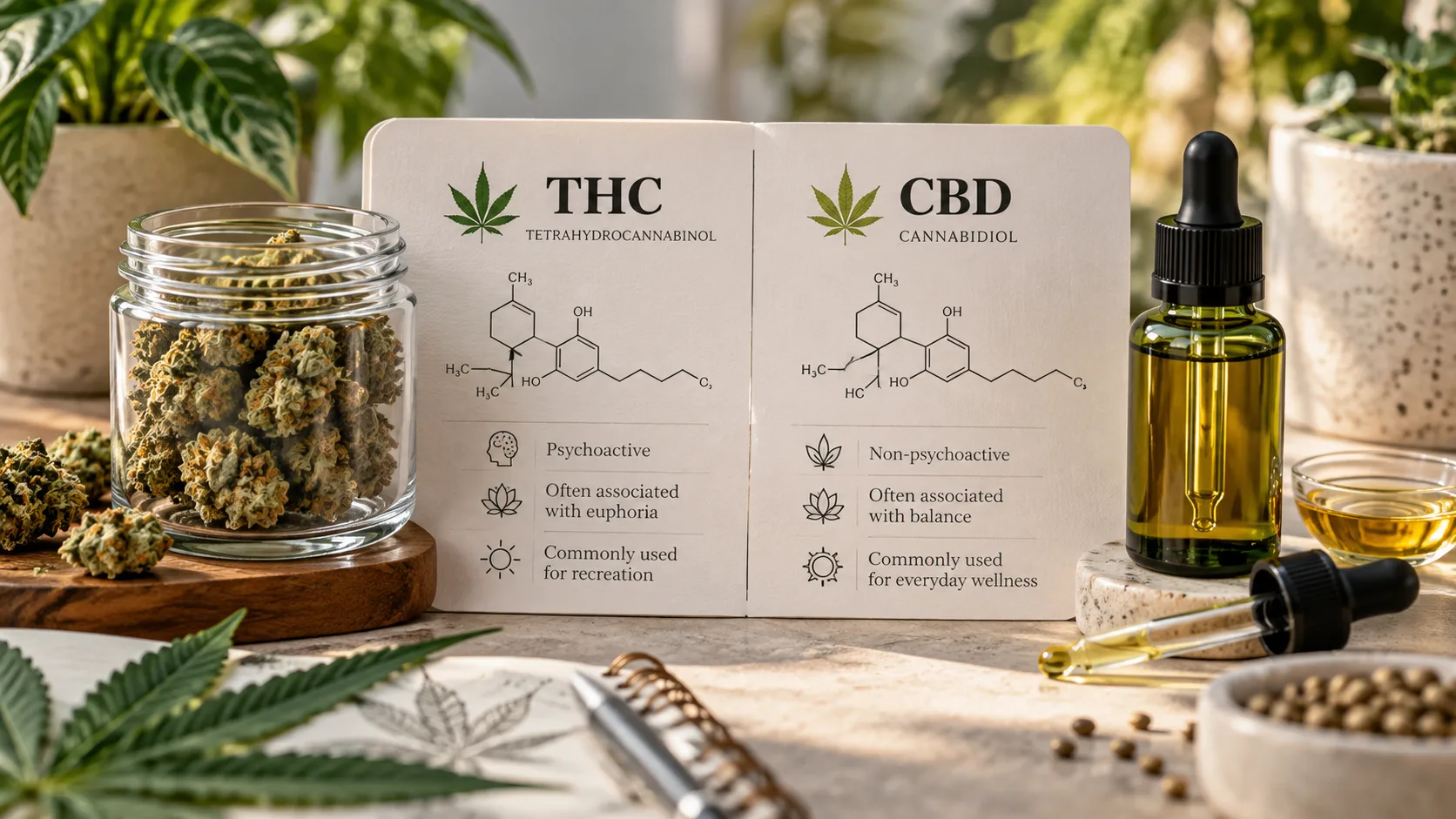 Educational cannabis comparison image showing THC and CBD side by side with chemical structures, basic effects, and wellness context alongside flower and tincture products