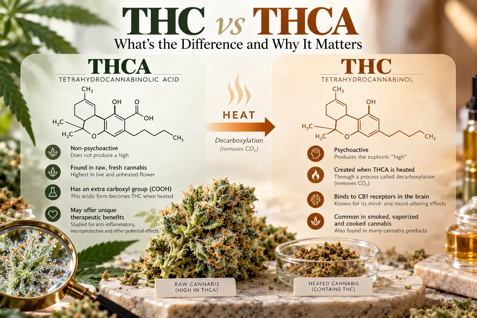 Educational infographic comparing THCA and THC, showing molecular structures, decarboxylation through heat, and key differences between raw and heated cannabis