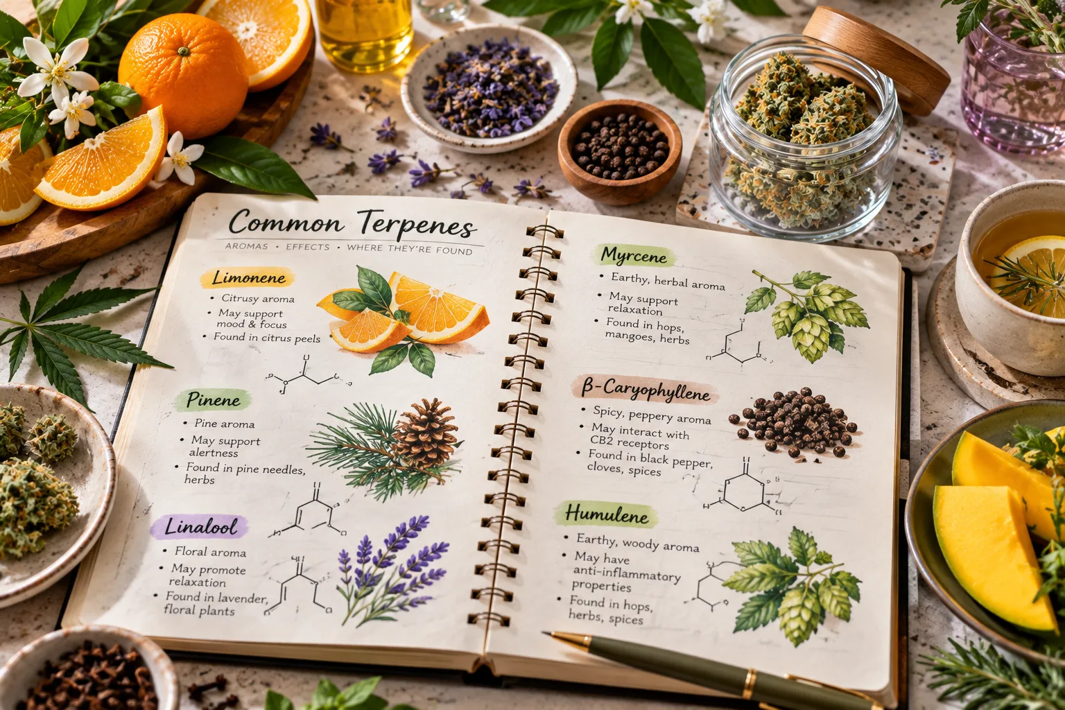 Cannabis flower with terpene-rich botanicals, citrus, herbs, and oil droppers arranged in a clean educational still life